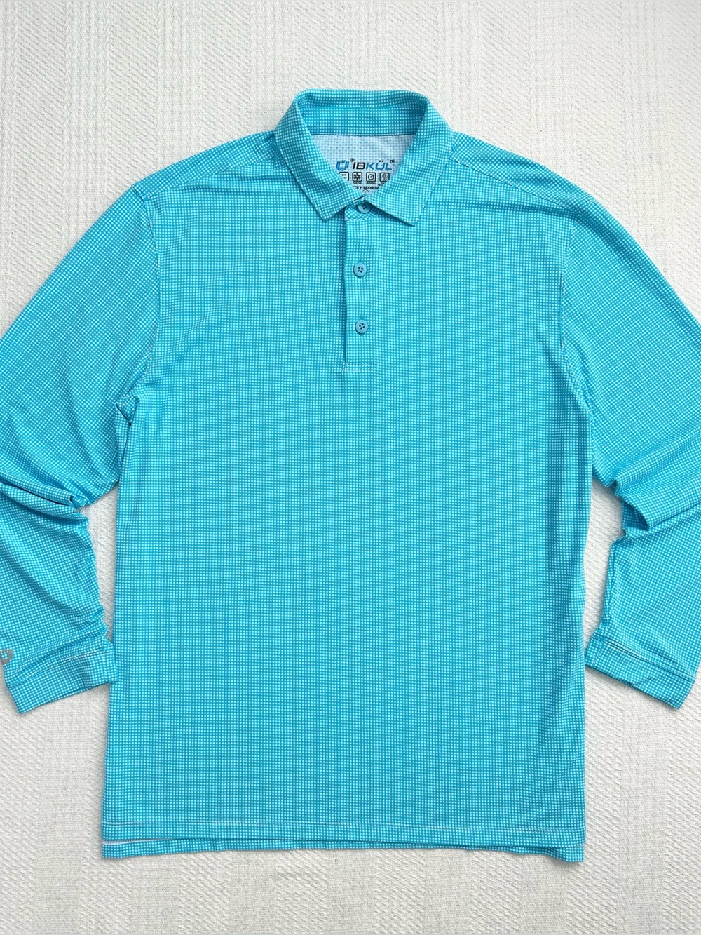 IBKUL Men's Polo Long Sleeve Mini Check Print Turquoise/White Size Large